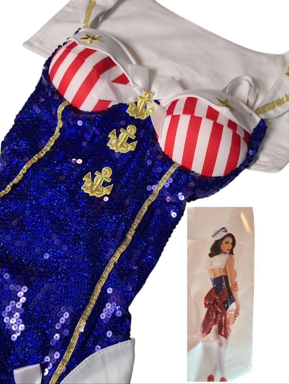 Retro Pin Up Deluxe Seaside Sailor Sexy Babe Sequin Teddy Costume Set S